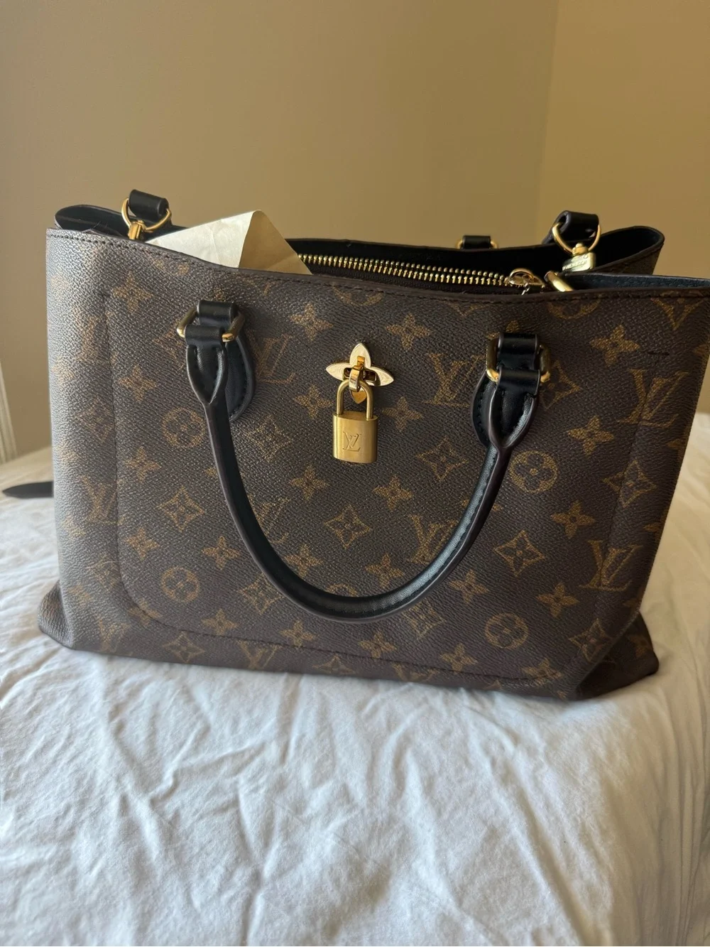 Lou Brown Monogram Canvas Tote with Black Trim